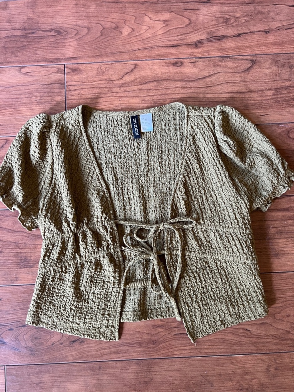 H&M Olive Green Textured Tie-Front Puff Sleeve Top